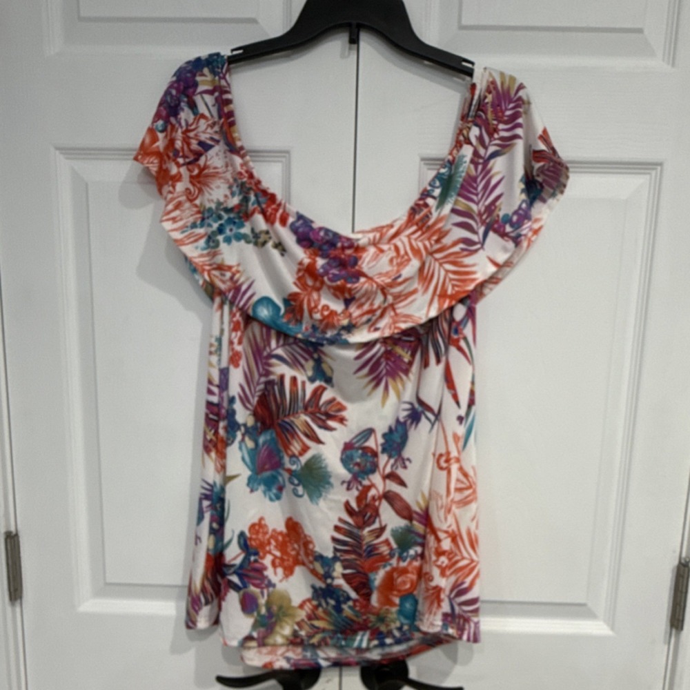 Fashion 2XL Multicolor Floral Off-the-Shoulder Ruffle Tunic Short Sleeve Blouse